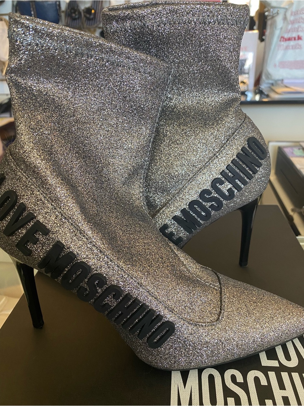 Love Moschino Silver Glitter Stiletto Sock Boot
